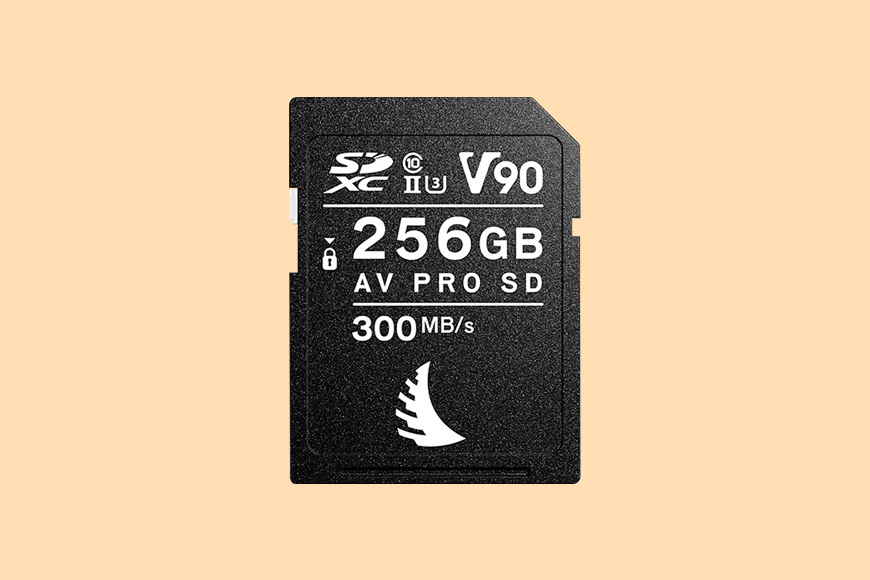 a Angelbird AV PRO SD Card MK2 - V90 - SDXC UHS-II memory card is shown on a yellow background.