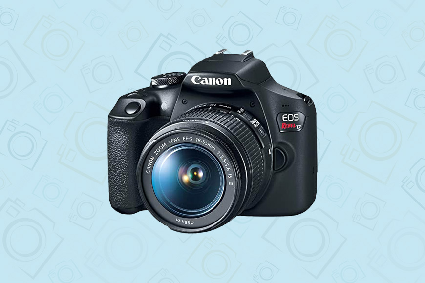 A Canon EOS Rebel T7 on a blue back ground
