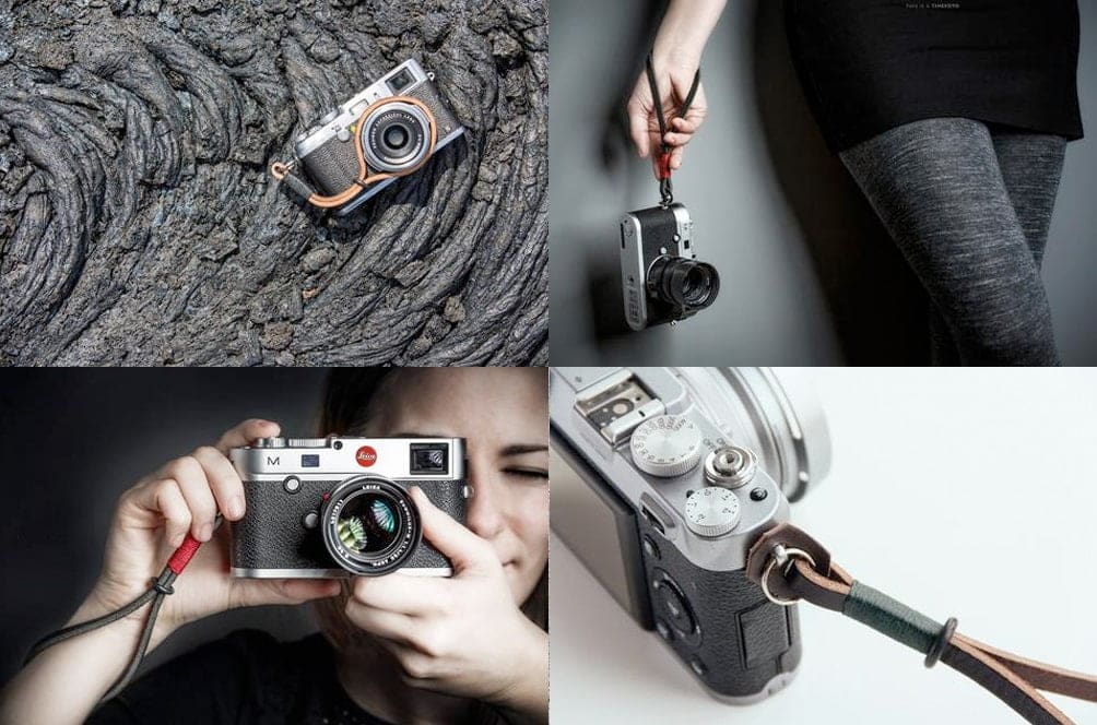 multiple images of Leica camera with strap attached