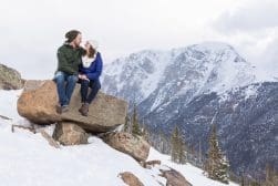 A couple sitting on top of a rock in the snow.