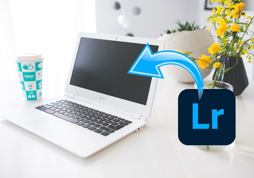 A laptop with an arrow pointing to the word lightroom.
