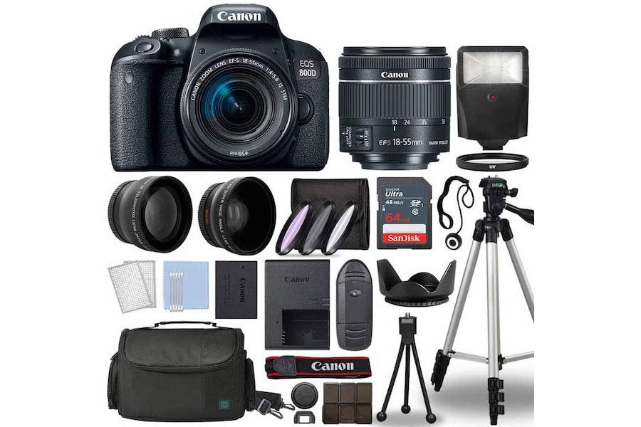  Canon T7i Bundle with 18-55mm IS STM, 64GB Memory Card, Wide Angle Lens, Filters, Tripod, Hood, Flash, Bag and Accessories