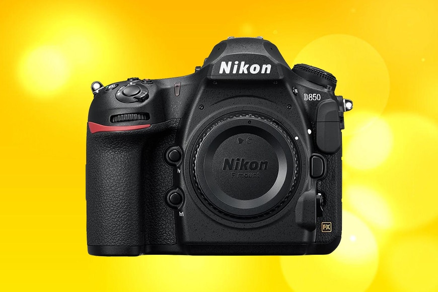 Nikon D850 camera on a yellow back ground