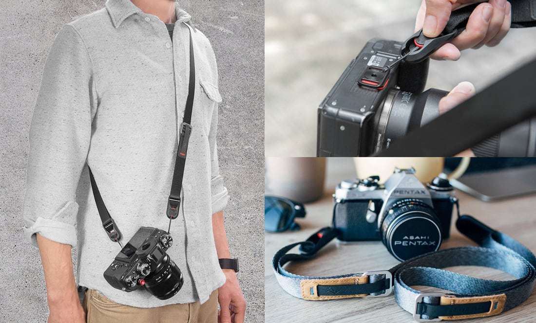 man wearing grey shirt with camera slung across body with strap