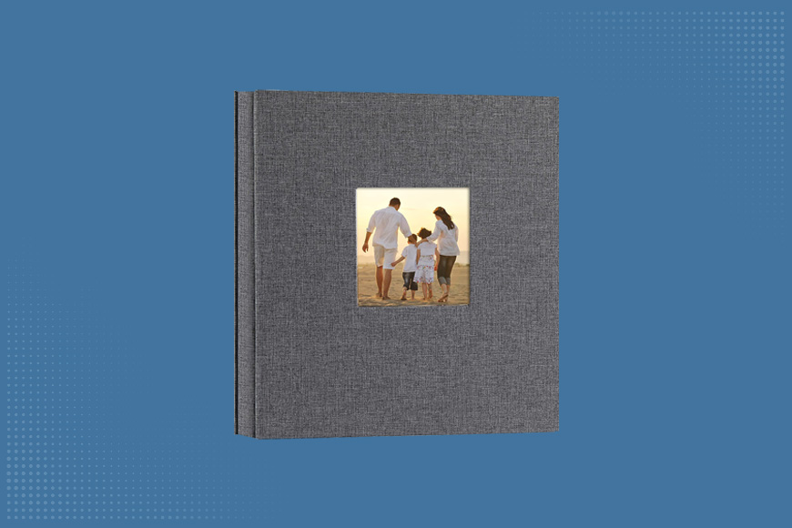 a Potricher Linen Hardcover Photo Album on a blue background
