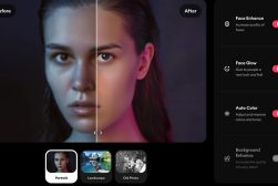 A woman's face is shown on the screen of an app.