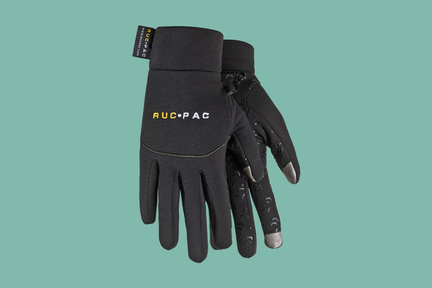 RucPac Professional Tech Gloves on a green back ground.