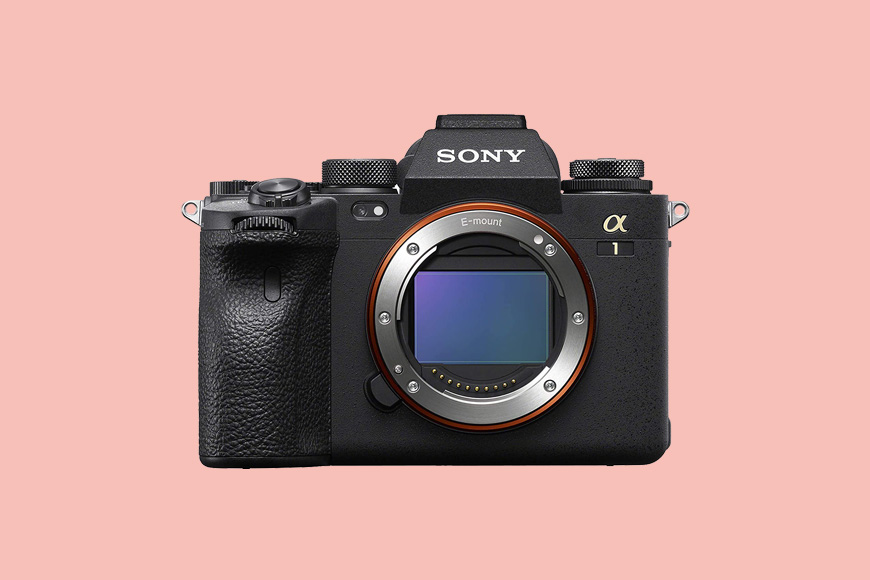 a Sony a1 camera on a pink background.