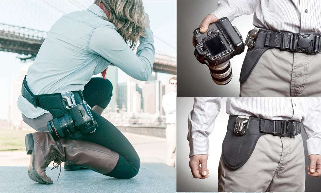 crouching woman with holster on waist containing camera