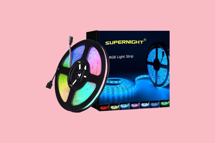The superlight rgb led strip is shown on a pink background.